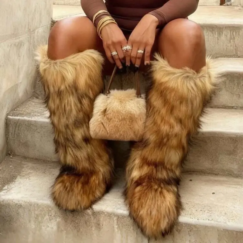 2025WinterKneeHighBootsPull-OnFauxFurBootsFurryFluffyRoundToeFashionBootsForWomenSuedeComfyPlushWarmKneeHighBootsOutdoorIndoorFlatShoesPartyDressyWomenWinterAutumnFallBoots