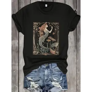 Art Nouveau Mermaid Graphic Tee - Black Cotton 180g Short Sleeve Crewneck Top for Women - Vintage Botanical Illustration Shirt - Casual Summer Printed T-Shirt - Retro Style Nautical Ocean Fantasy Apparel - Gift for Art Lovers