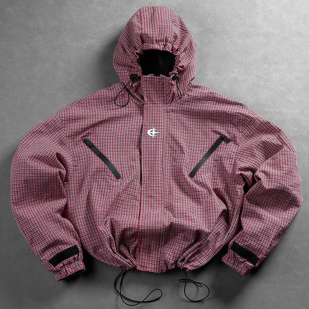 CityBoy Mountain Style Outfit | Plaid windproof jacket, oversized hooded jacket, loose drop-shoulder functional streetwear hoodie