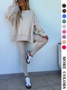 Women's Solid Drop Shoulder Split Hem Sporty Round Neck Sweatshirt & Pants Two-piece Set, Sweatsuit Matching Set, Casual Fashion Cozy Breathable Outfits for Daily Outdoor Wear, Ladies Sportswear for All Seasons