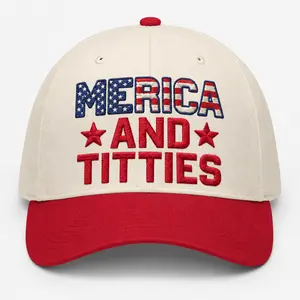 Merica And T*tties Embroidered Two Tone Baseball Cap Funny Patriotic Dad Hat Vintage Adjustable Cotton Snapback USA Humor Gift for Men Women Fourth of July Independence Day