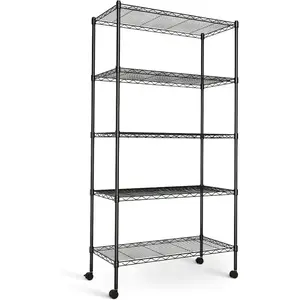 5-Tier Heavy-Duty Adjustable Metal Wire Shelving Unit with Locking Wheels, Sturdy Black Steel Construction for Versatile Storage, Ideal for Garages, Kitchens, Storage Rooms, Laundry Rooms & Offices