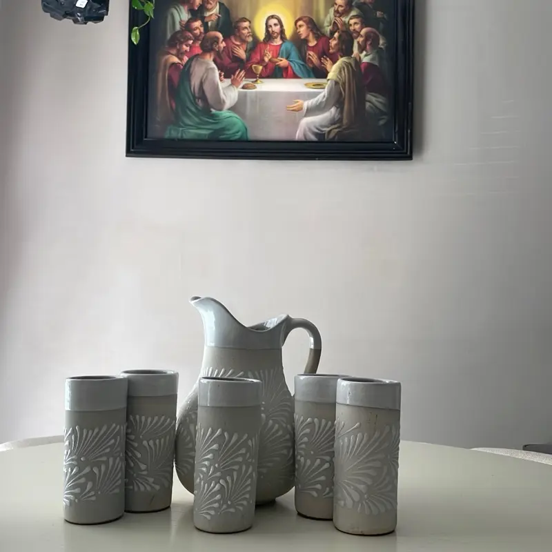 Barro Talavera Set With Elegant Decoration - Handcrafted Ceramic Pitcher & Tumblers for Home Decor