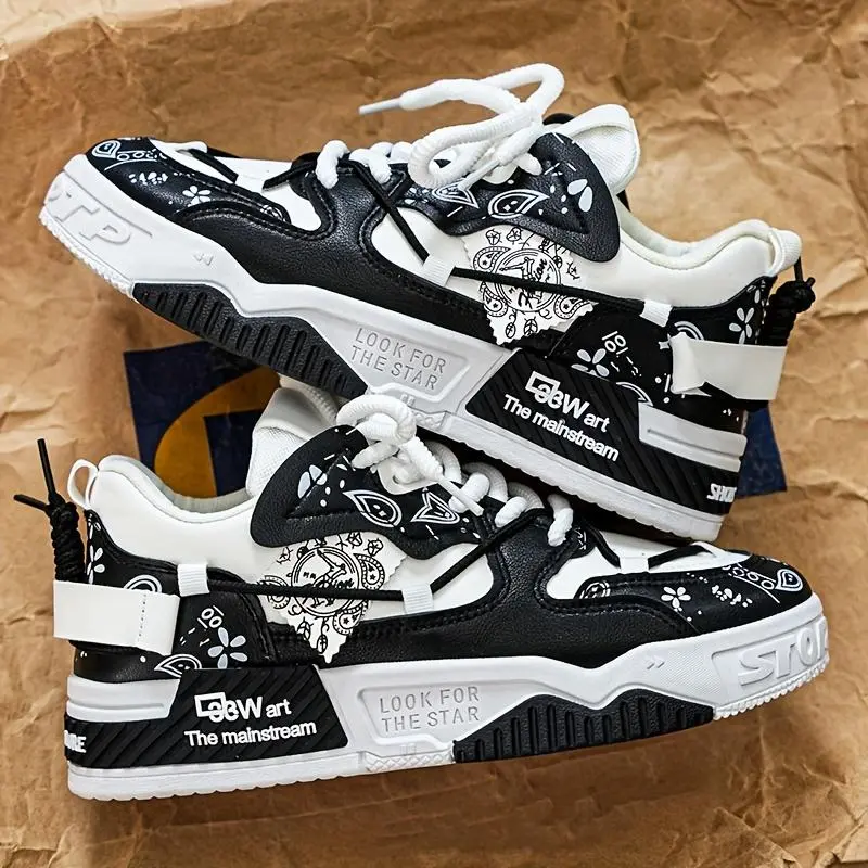 Men's Artistic Print Skate Shoes, Sporty Chic Low-Top PU Leather Sneakers, Casual Lace-Up Trainers for Outdoor Wear, Footwear, Training