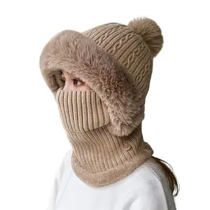 Women's Winter Knitted Velvet Balaclava Earmuffs Fluffy Hat Face Mask Neck Cover Integrated Warm Headgear Cap with Fur Ball Twist Pattern