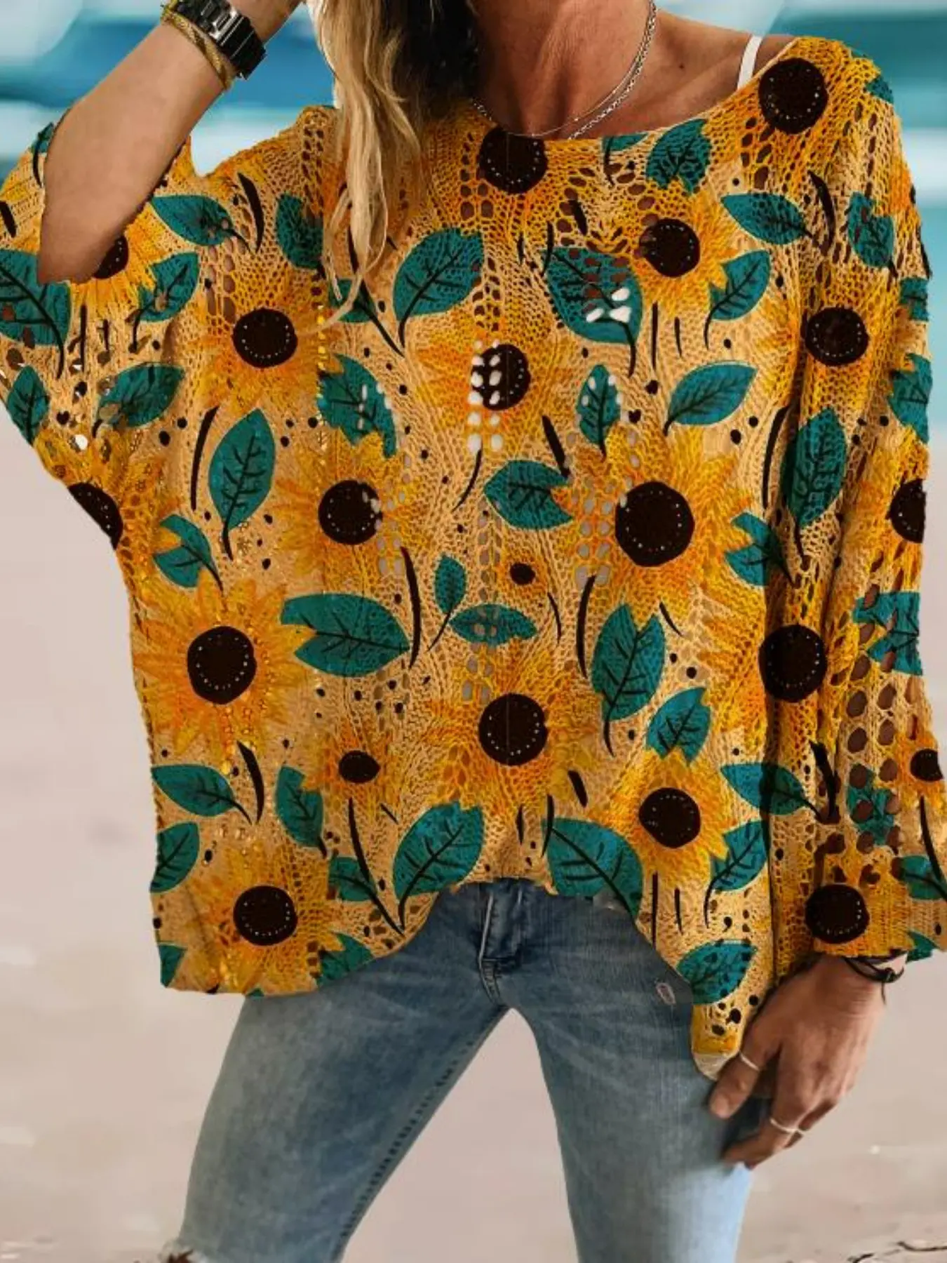 Women's Sunflower Floral Long Sleeve Knit Top, Vacation Hoodie with Hollow Batwing Sleeves, Elegant Loose-Fitting Sweater