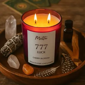 777 Angel Number Luck Candle with Latge Quartz Crystal scented with Cherry Blossom  Decor