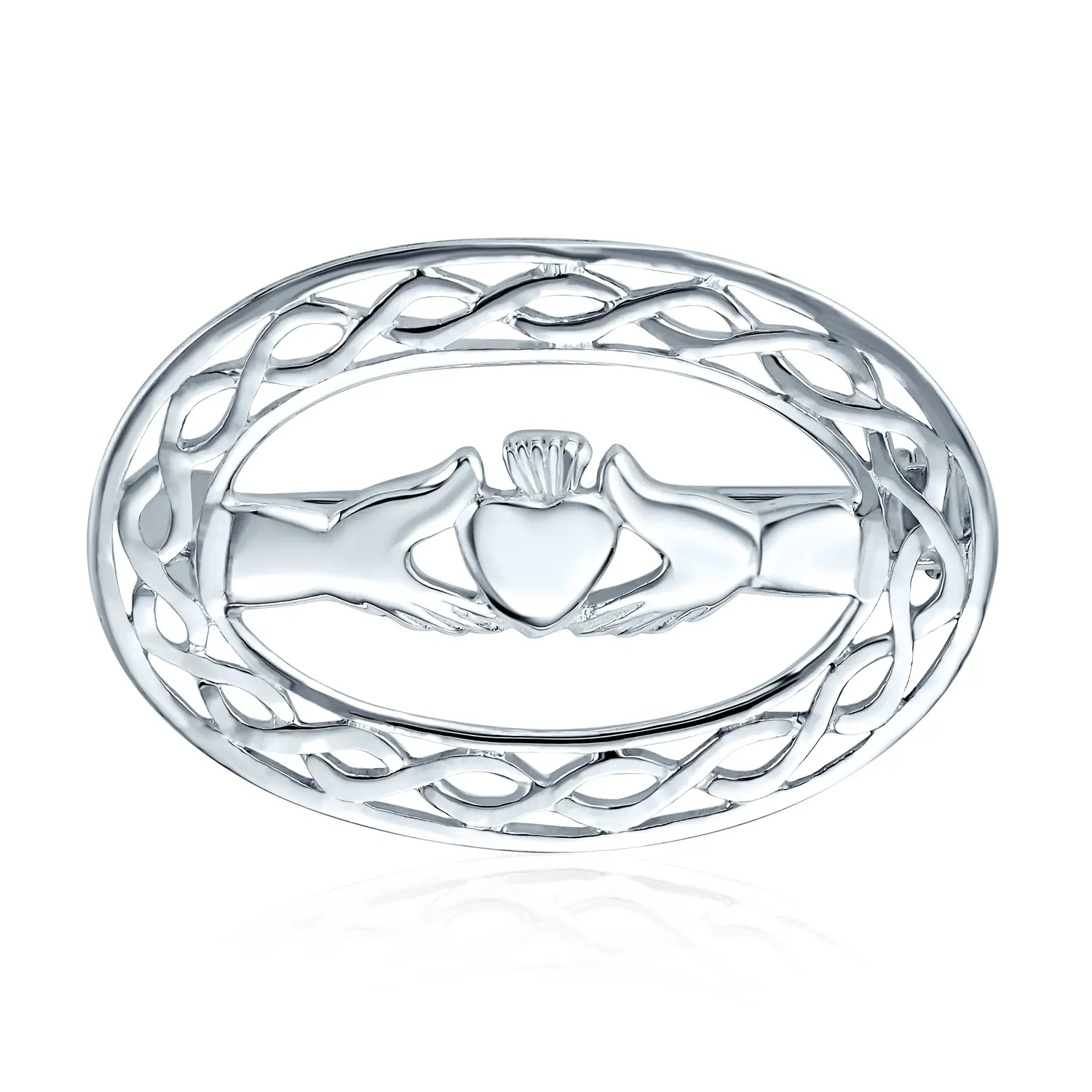 Celtic Love Knot Large Oval Claddagh Design Scarf Brooch Pin .925 Sterling Silver