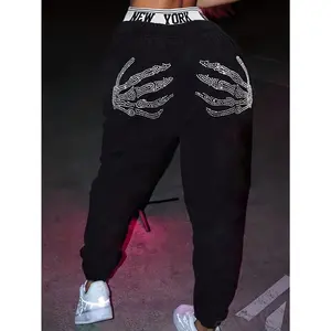 Commuting Street Letter Elastic Skull Hand Rhinestone Long Pants Winter Fleece Women's Sweatpants