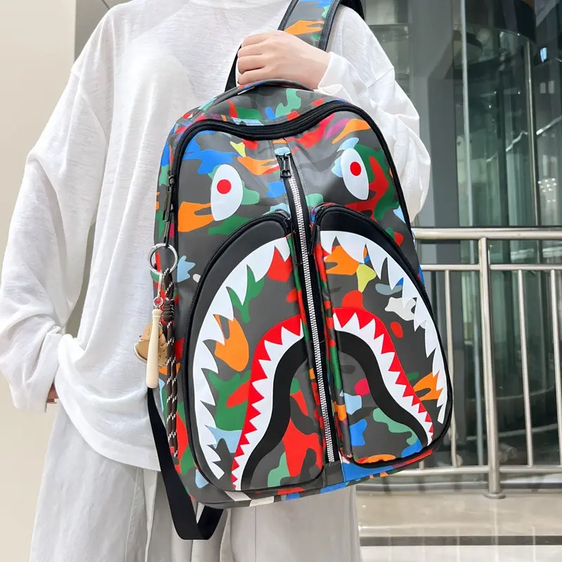 Camouflage Shark Mouth Double-Zipper Backpack - Large-Capacity Student School Bag, Trendy Street Style Casual Travel Daypack for Boys