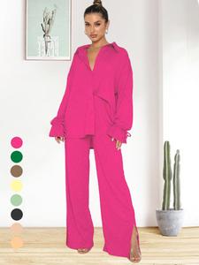 two-piece set women's casual solid long sleeve button shirt & split hem pants two-piece set, casual elegant loose flounce sleeve top & wide leg trousers for outdoor, flattering silhouette clothing set, 2 piece sets women, longsleeves womenswear, outfit