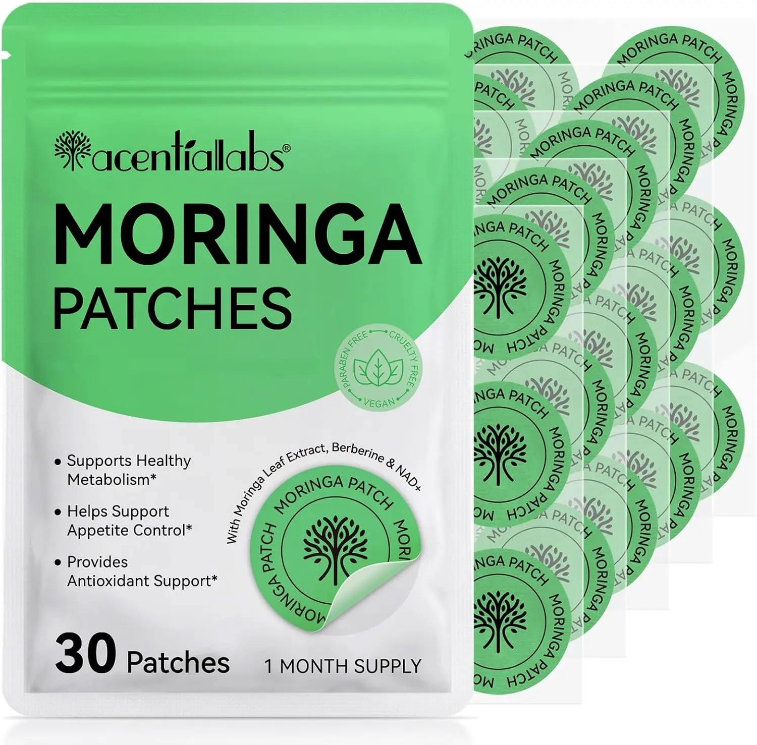 Moringa Berberine NAD+ Patches for Adults, Berberine Wellness Patches, 8-Hour Wear, 30 Count, Botanical Daily Wellness Support