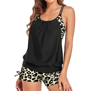 Women's Leopard Print Tankini Set with Black Blouson Top & Swim Shorts, Modest Two Piece Bathing Suit, Tummy Control Swimwear for Beach Vacation Pool Party
