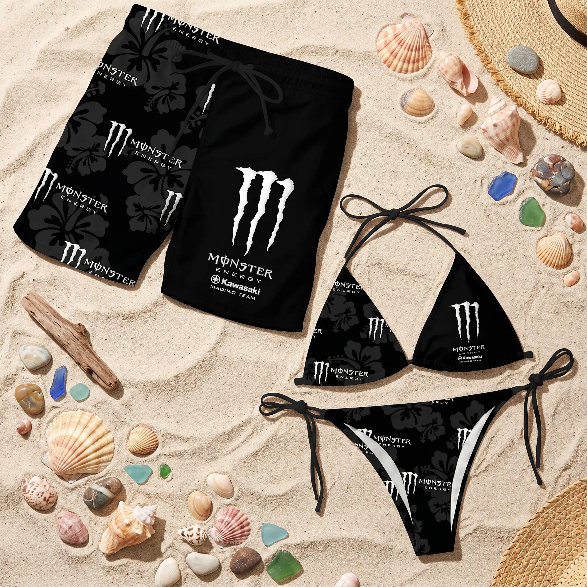 Matching M0.nste. Ene.gy Floral Couple Swimwear Sets Women's Swim Bra Tie Side Thong Bikini Men's Beach Short