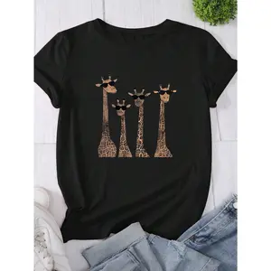 100% Cotton INAWLY Giraffe Print Short Sleeve T-Shirt With Eyelashes For Casual Outfits For Clothes Graphic Cheetah Print Tees Women Tops For Summer And Spring Golf Gift T-Shirt For Men And Women