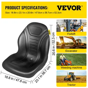 VEVOR Universal Tractor Seat Replacement 2 Pack, Compact High Back Mower Seat Pair, Black Vinyl Forklift Seat, Central Drain Hole Skid Steer Seat with Mounting Bolt Patterns