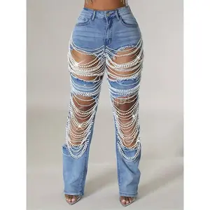 Women’s Straight-Leg Mid-Rise Distressed Ripped Jean Pants with Pearl Chain, Boyfriend Fit, Bootcut, Bling, Casual Style