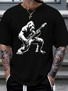 Bigfoot Guitar Graphic Cotton Long T-Shirt, American Vintage Loose Short Sleeve, Casual Fitted Tee for Music Festivals and Rock Parties