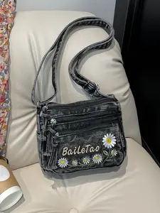 Fresh Versatile Letter Design Daisy Decor Denim Bag, Casual Trendy Bag, Single Shoulder Crossbody, Suitable for Daily Use, Work, Commuting, Casual Trendy Purses