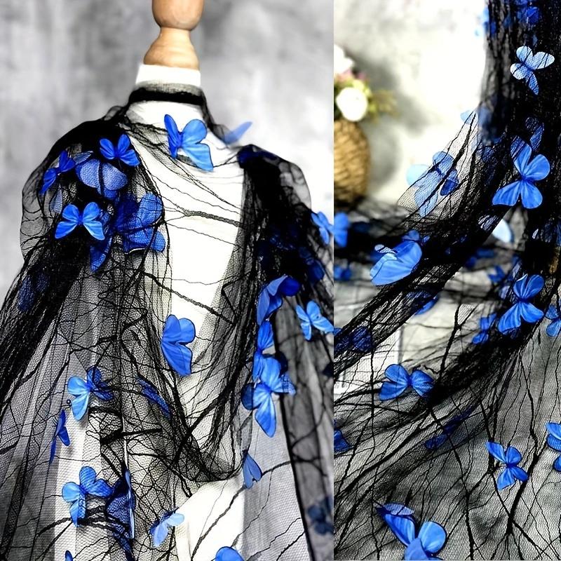 1PC Black Sheer Mesh Tulle Cut Fabric - Lightweight, Airy, Transparent Flat Woven Draping Net Cloth with 3D Vivid Blue Butterfly Applique, DIY Sewing Material for Dark Fantasy Fairy Gown, Gothic Glam Cosplay, Indoor Photoshoot (Ideal for Craft Lovers), Co