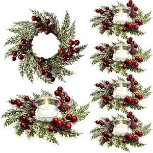 2 Christmas Candle Rings Wreath with Artificial Berries and Pinecones, Table Decoration, Plastic Holiday Decorations