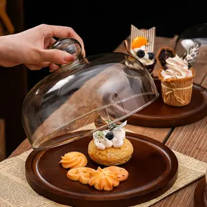 Wooden Dessert Plate with Glass Dome, 1 Count Wooden Serving Tray, Dessert Plate for Cake, Snack and Fruit, Kitchen Accessories