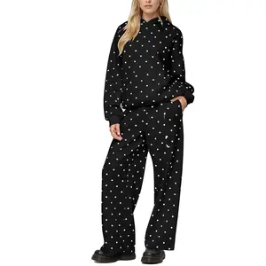 Polka Dot Set Womens Long Sleeve Oversized Hoodie Tops Wide Leg Sweatpants Casual Tracksuit Preppy Girls Outfits