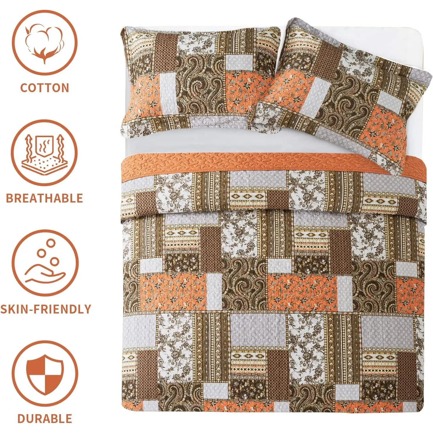 Cotton King Size for Farmhouse- Fall Patchwork Bedspread Set --Woven Soft Reversible King Size Bed Spread for All (Floral Orange) 3 Pieces Cotton King Size for Farmhouse- Fall Patchwork Bedspread Set --Woven Soft Reversible King Size Bed Spread for All (Floral Orange) 3 Pieces