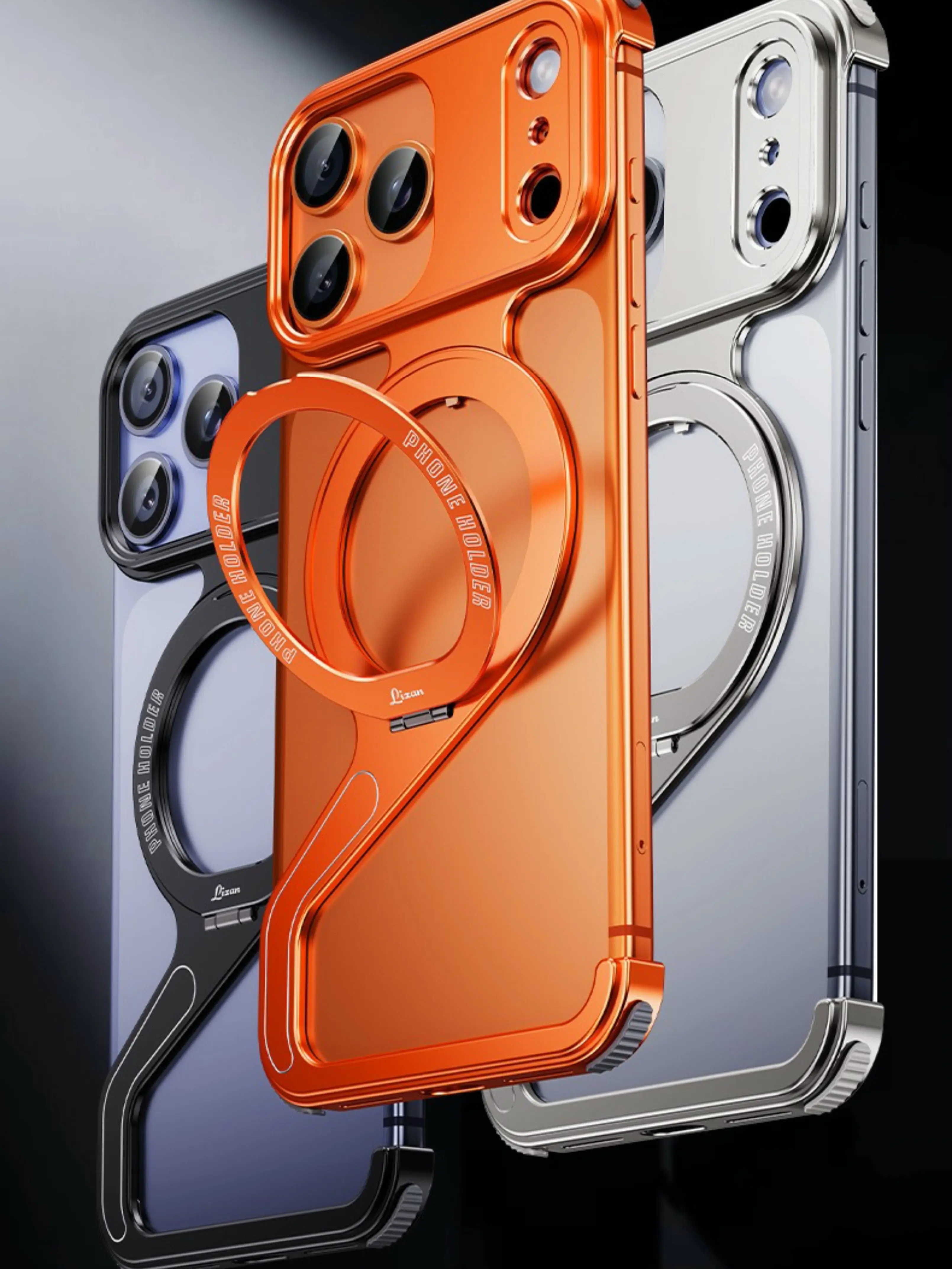 MagSafe Magnetic Z-Shape Frameless Metal Cellphone Cover - 120° Rotatable Flip Kickstand, Patent Elastic Buckle 1-Click Install, Shockproof Bare-Feeling Bumper, Protection Casing, Magnetic Fit Handheld Device Accessory (Orange)