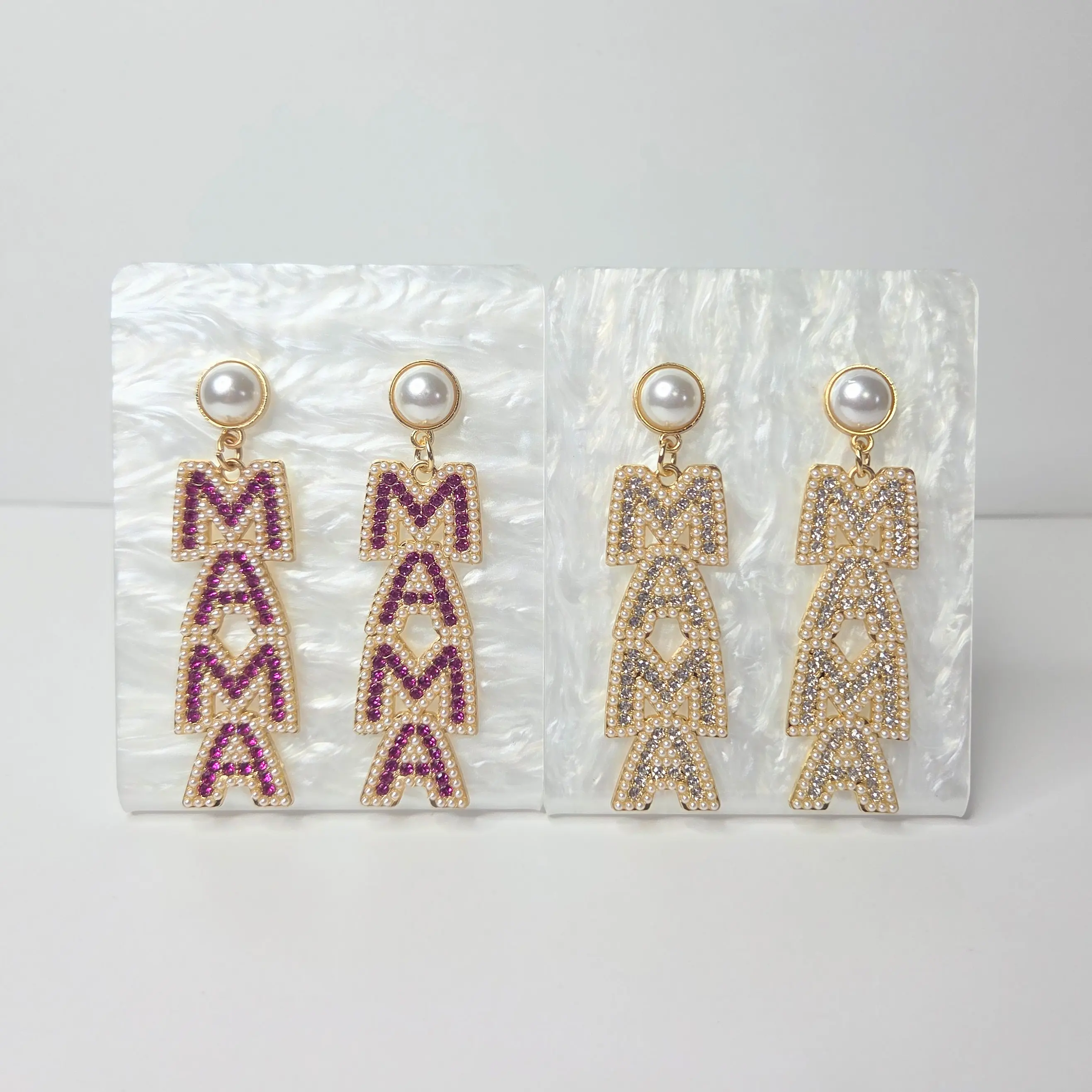 #292 "MAMA" with White Faux Pearls & Rhinestones with Faux Pearl Stud Earrings, Casual Mom Mother's Day Jewelry