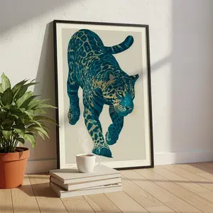 Teal and Gold Jaguar Wall Art – Modern Jungle Poster, Stylish Animal Print for Room Decor, Unframed
