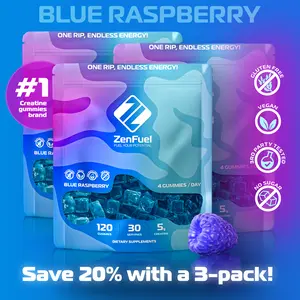 ZENFUEL 3-Pack Creatine Gummies, Blue Raspberry, Strength & Stamina, Vegan, No Sugar, Non-GMO, Gluten Free & Gelatin Free - Dietary, Fitness.