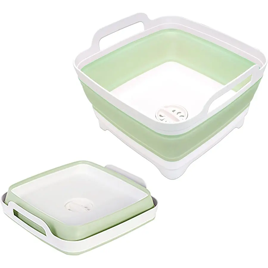 2.4 Gallon (9 Liter) Collapsible Dish Basin with Drain Plug,Foldable Basin,Space Saving Outdoor Multi-Purpose Collapsible Sink Tub,Dishware,Kitchen Storage Tray,Camping,Vegetable Wash,RV,Basin Container,Home Goods