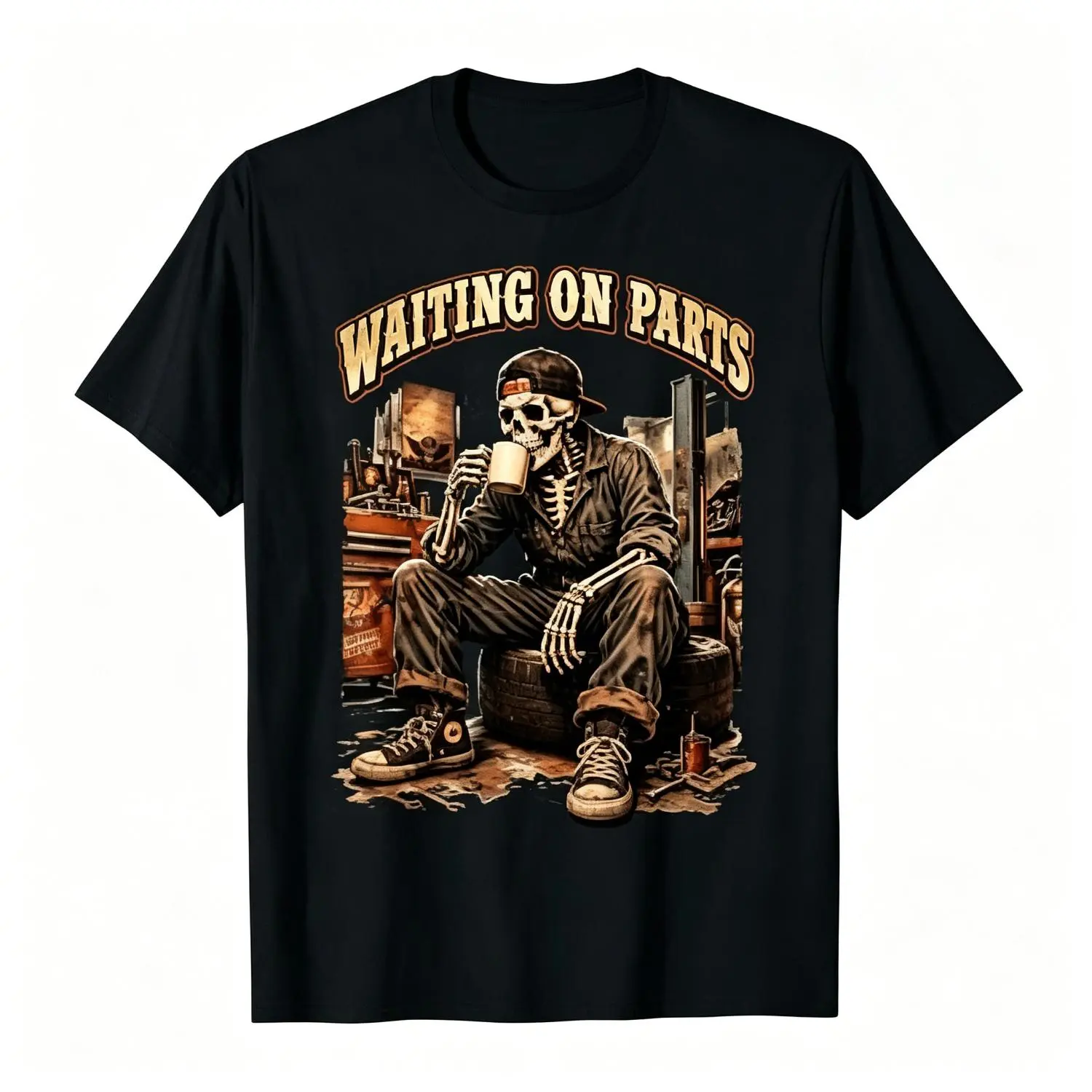 Waiting On Parts Funny Mechanic Skeleton Garage Father's Day Cotton T-shirt