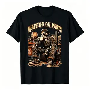 Waiting On Parts Funny Mechanic Skeleton Garage Father's Day Cotton T-shirt