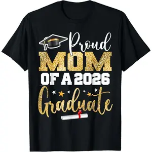 Women's Casual Short-Sleeve Streetwear T-Shirt, Natural Fabric, Proud Mom of a 2026 Class Graduate Senior Graduation Top