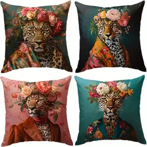 4pcs Floral Leopard Print Throw Pillow Covers 17.7x17.7 Inch - Rustic Style Short Plush Pillowcases with Zipper Closure, Single-Sided Printed Decorative Pillow Covers for Living Room, Bedroom, Office Decor (No Insert, Machine Washable), Bedroom Accessorie