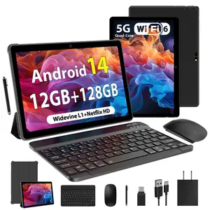 Android 14 Tablet Bundle, 10.1" IPS HD Display, 6GB Native RAM (Supporting 12GB Expand) + 128GB ROM (Up to 1TB Expandable), Quad-Core, 8000mAh Battery, Dual-Band WiFi, Keyboard, Mouse, Stylus & Case, WiFi-Only Tablet PC for Work, Study & Entertainment