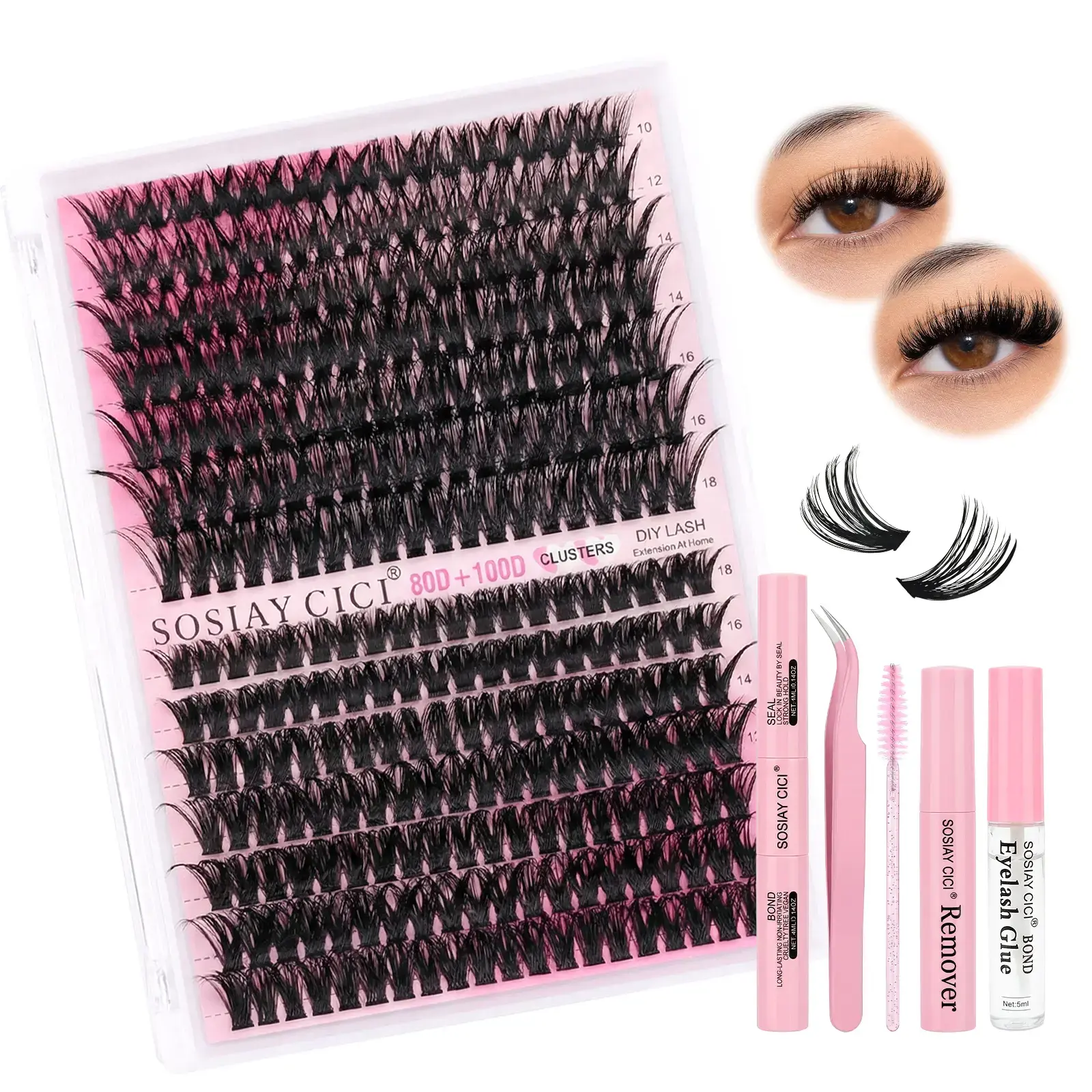 SOSIAYCICI DIY Lashes Clusters Kit - 10-18mm Mixed Lengths 80D+100D Individual Lashes, Waterproof, Long-Lasting, Beginner-Friendly with Simple Application Tools for Natural Thick Summer Makeup for Girls