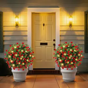 Artificial Red Flowers Boxwood Topiary Ball with LED Lights,23.6'' Artificial Shrub Bushes with Ground Spike,UV Resistant Faux Greenery Shrubs,Fake Plants for Indoor Outdoor Garden Patio Decor