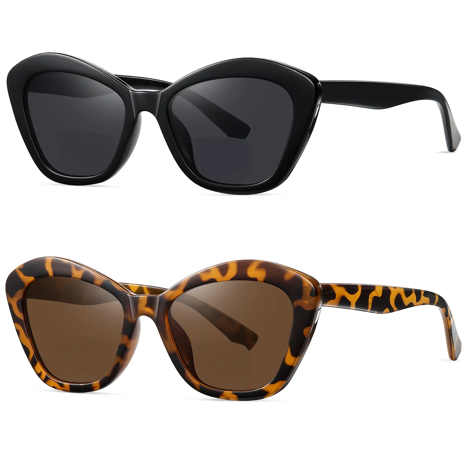 Women's 2-Pack Bifocal Polarized Sunglasses - PC Full Rim Tortoiseshell Cat Eye Designer Oversized Frames, Polycarbonate Big Lenses, Smooth & No Image Jumping Reading Sun Readers for Driving