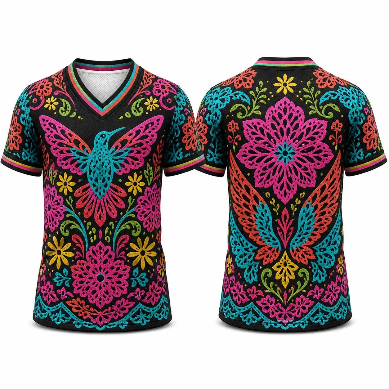 Mexican Independence Day Inspired Papel Picado Cut Paper V Neck Mesh Shirt, All Over Print Short Sleeve Athletic Jersey, Unisex Cultural Streetwear for Men and Women