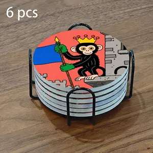 6-piece ceramic coaster set, featuring a cheerful black monkey wearing a crown and standing in a castle. These heat-resistant, non-slip coasters come with a stand and can be used as home or dining table decorations or beverage mats.