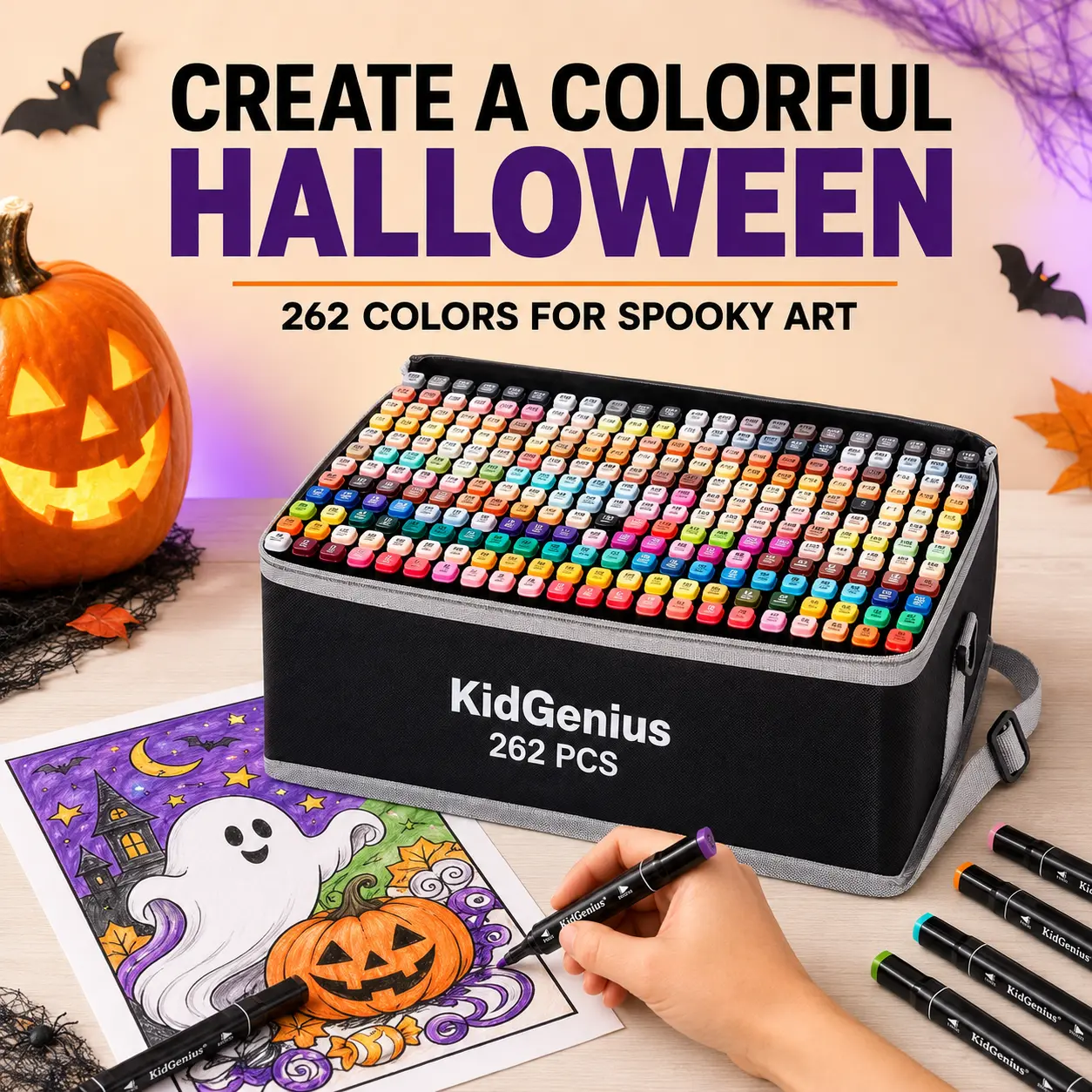 KidGenius 262-Color Dual Tip Alcohol Marker Set with Carrying Case, Halloween Art Supplies for Pumpkin Drawing, Coloring Pages, DIY Cards and Crafts