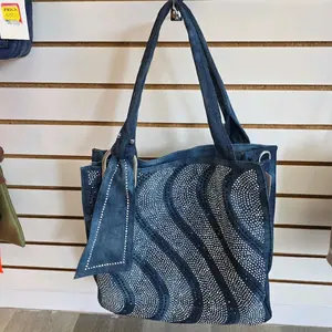 Blue Jean Bling Tote - Stylish Denim Handbag with Sparkling Accents and Wavy Design for Everyday Use