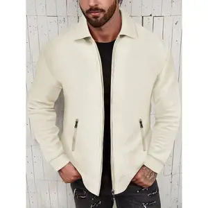 Men's solid color waffle knit zipper jacket, collar, double zipper pockets, casual urban style, soft and comfortable fabric, lightweight daily jacket, fashionable layered appearance, ideal choice for spring and autumn seasons, outdoor jacket