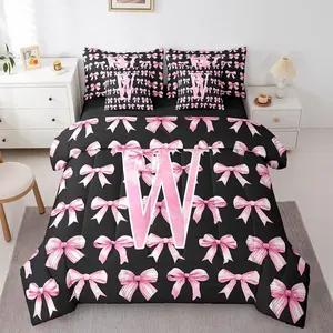 Pink and Black Bow Comforter Set,3D Coquette Initial W 7 Piece Bedding Set for Kids Teens Girls,Princess Preppy Bowknot Bed Sets