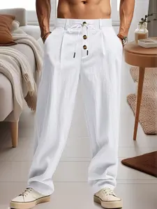 Men's Linen Drawstring Pants, Breathable Comfort, Fashion Long Pants, Outdoor Travel, Vacation, Daily Use, Casual Straight Leg