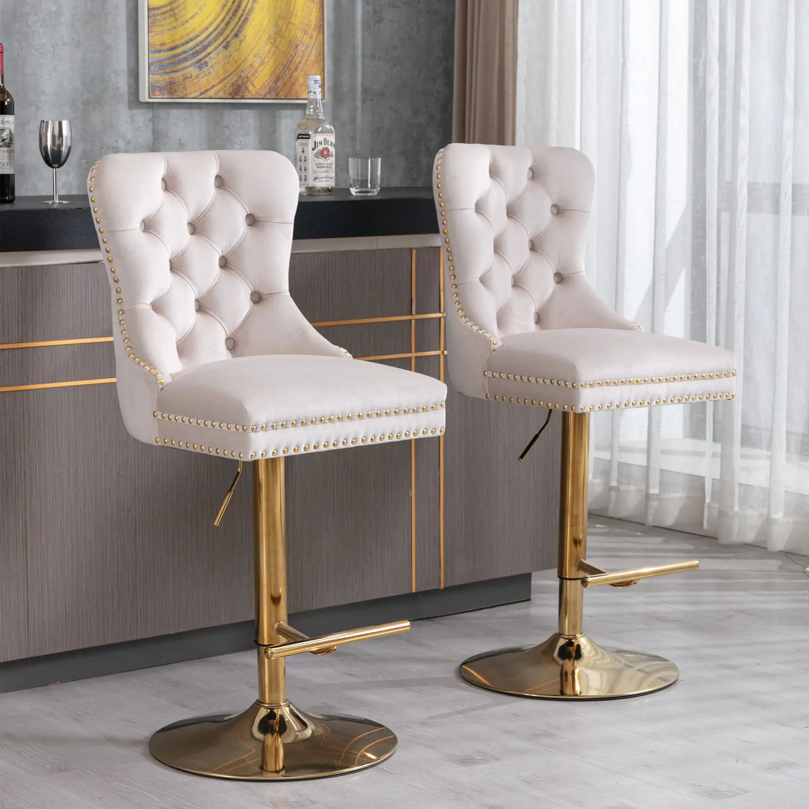 Velvet&Metal Tufted Back Bar Stools - 2-Seat Home Bar Furniture, 27-35 in Height Adjustable, 360 Degree Swivel 360° Rotatable, Pre-Assembled Modern Barstools with Metal Base for Kitchen Island, Gaming Desk