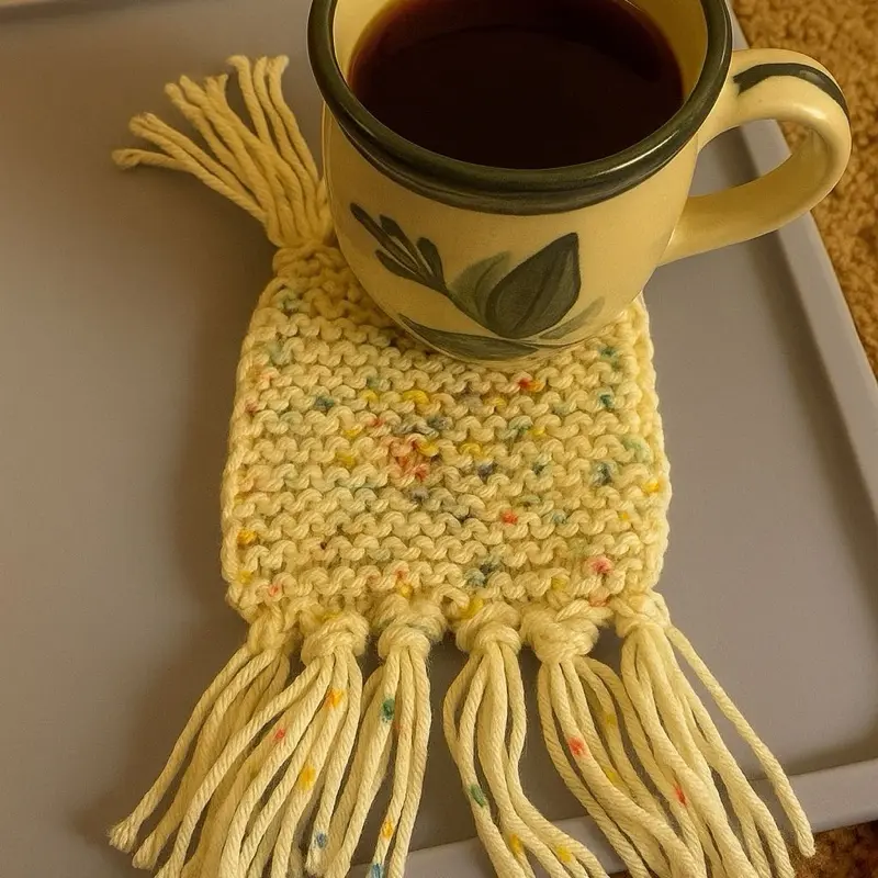 Mug Rug Hand Made with Tassels - Yellow Knitted Coaster for Cups